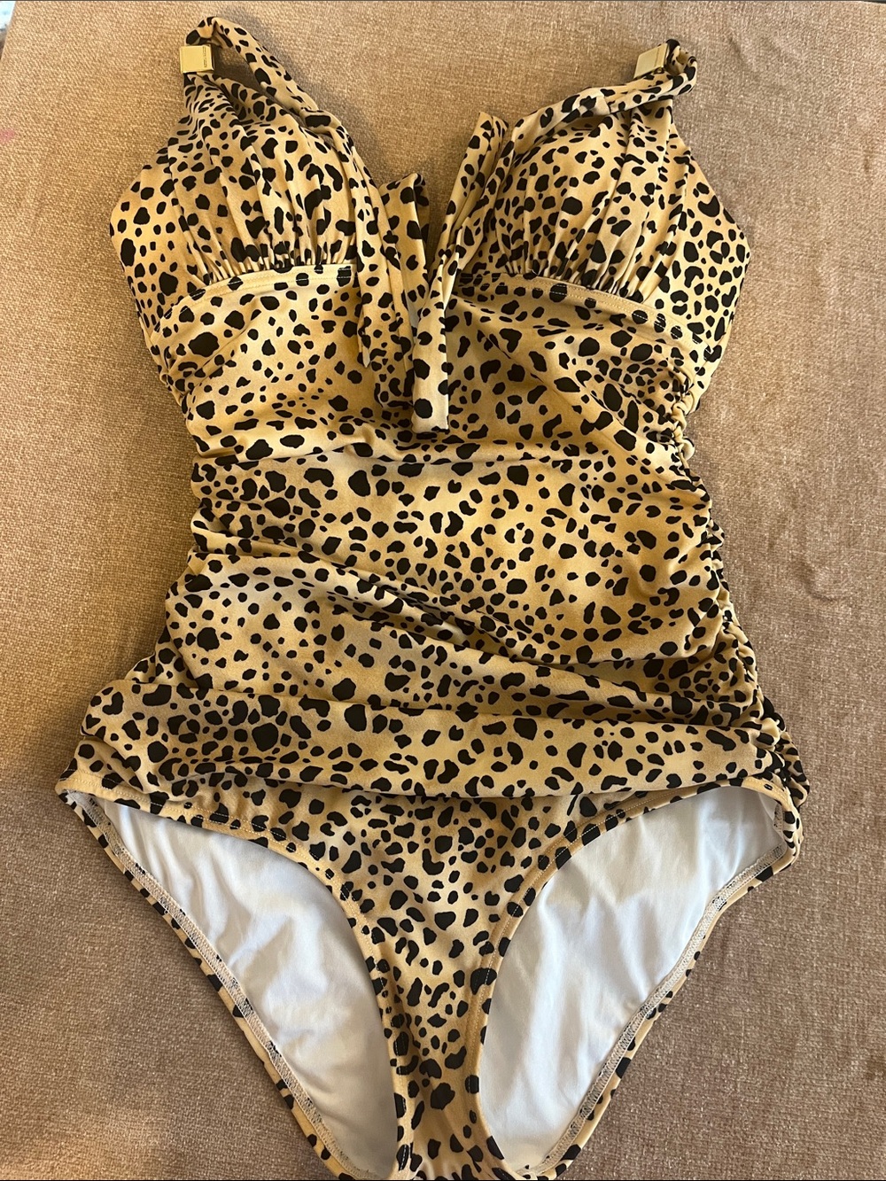 Victoria’s Secret Leopard Print Ruched Plunge One Piece Swimsuit Gold Hardware S